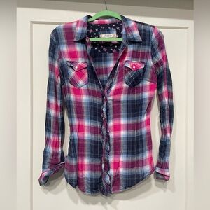 Arizona Jean Company Pink and Blue Plaid Button Down Shirt